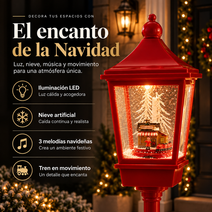 FAROL NAVIDEÑO MUSICAL 1,85 M CON LUZ LED, NIEVE EN MOVIMIENTO Y TREN